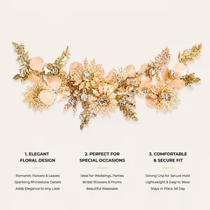 Detailed view of floral bridal hair comb with peach clay flowers and sparkling rhinestones