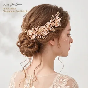 Bridal Flower Leaf Hair Comb Handmade Alloy Rhinestone Faux Artificial Pearl Wedding Headpiece Elegant Vintage Gold Silver Hair Accessories