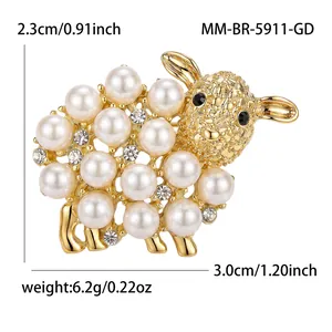 Detailed view of cute gold sheep brooch with pearls and rhinestones including dimensions