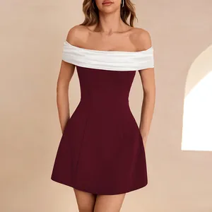 Off The Shoulder Color Block Mini Dress Satin Stitching Slim Fit Sexy Party For Women