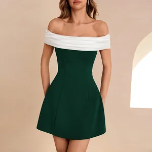 Elegant off-the-shoulder color-block mini dress featuring a white satin top and dark green skirt