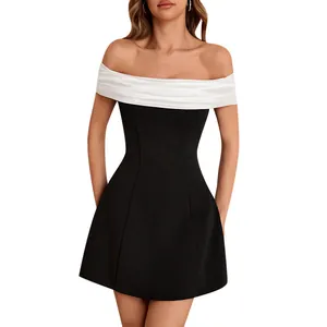 Elegant off-shoulder color-block mini dress in black and white for women's formal wear.