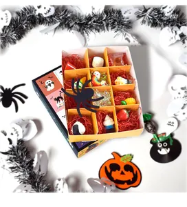 Detail of Halloween 9-grid blind box packaging with red filler and miniature charms