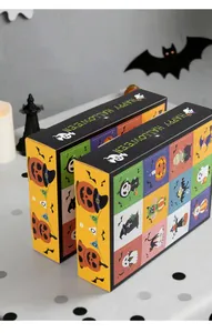 Detail view of Halloween poke blind box empty gift packaging with festive cartoon designs