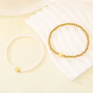 French Vintage Stainless Steel Heart Pendant Bracelet Fashion Artificial Pearl Metal Bead Chain Jewelry For Women