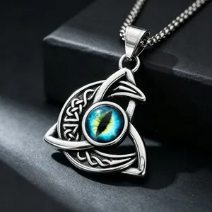 Vintage Celtic Trinity Knot stainless steel necklace with blue dragon eye stone pendant.