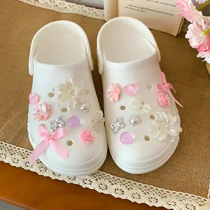 Pink and white flower charms set for clog shoes with pearls and bows