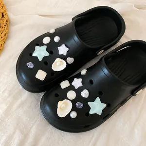Elegant DIY pearl and shell shoe charms set for black clogs with star and heart shapes