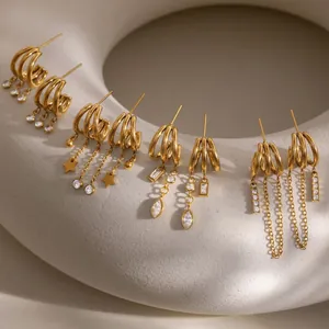 18K gold plated stainless steel triple-layer C-shape earrings with zirconia tassel dangles