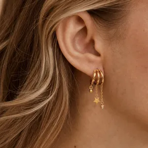 18K gold plated stainless steel triple hoop earrings with star and zircon tassels