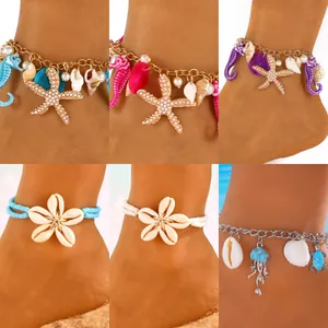 Cavigliera Collana in Conchiglia Naturale Boema Perline Blu Bianche Corda Intrecciata a Mano Gioielli da Spiaggia Donna