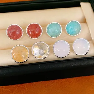 Geometric Round Colorful Stone Stud Earrings With 925 Sterling Silver Post Fashion Agate Copper Jewelry For Women