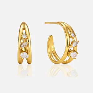 Stainless Steel C-Shaped Stud Earrings Gold Plated Geometric Rhinestone Earrings For Women Light Luxury High-End Jewelry Gift