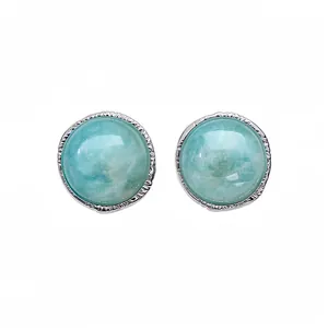 Minimalist round light blue semi-precious stone stud earrings with silver textured bezel