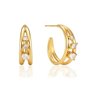 Elegant gold titanium steel C-shaped hoop earrings with clear zircon stones