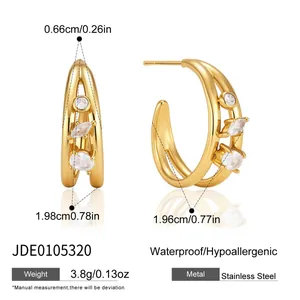 Detailed size specifications for gold stainless steel C-shaped hoop earrings with zircons