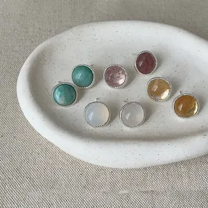 Vintage Circular Agate Stone Stud Earrings For Women With 925 Sterling Silver Earring Post Copper Electroplated Luxury Jewelry Accessory