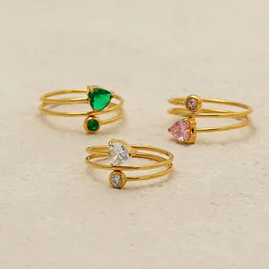 Luxury Stainless Steel Heart Zirconia Open Ring Triple Layer Wire Wrap 18K Gold Plated Individual Jewelry For Women