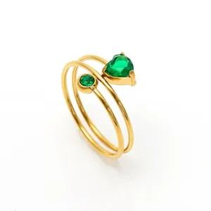 Elegant 18K gold plated stainless steel triple layer coiled ring with green heart zircon