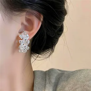 Detailaufnahme eleganter, funkelnder, transparenter Cluster-Ohrringe im koreanischen Stil am Ohr