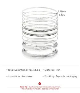 Vue détaillée de l'ensemble de bracelets en fer argenté avec dimensions et détails.