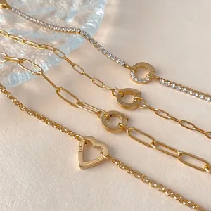Stainless Steel Bracelet For Women Paperclip Link Rhinestone Tennis Chain Heart Circle Pendant Gold Silver Jewelry Gift