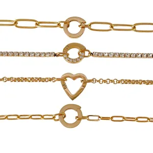 High-quality gold stainless steel stacking bracelet set with heart and round spring clasps