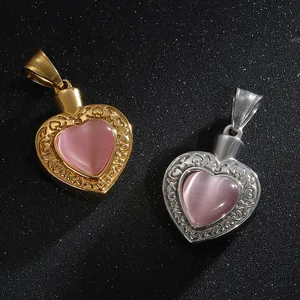 Pendentif coeur vintage plaqué or 18K en acier inoxydable avec zircon rose de luxe