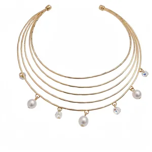 Multi-layer gold choker necklace with dangling pearls and crystals on a clean white background.