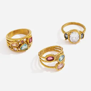Set of three 18K gold plated stainless steel rings featuring colorful zircon and rhinestones