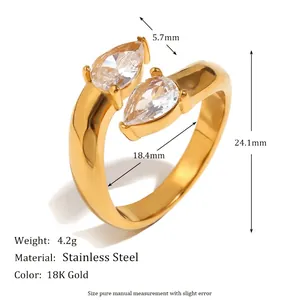 Elegant 18K gold plated stainless steel open ring featuring dual pear-cut zircons