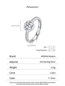 Moissanite engagement ring in S925 sterling silver with 1 carat stone and size parameters.