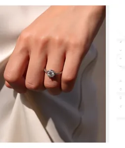 Close-up of 1 carat round moissanite ring in S925 sterling silver worn on finger