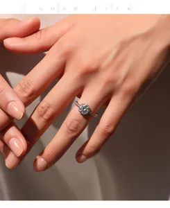 Exquisite detail of 1 carat moissanite ring set in S925 sterling silver on finger