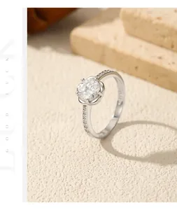 Macro view of 1 carat moissanite ring in S925 sterling silver with six-prong setting