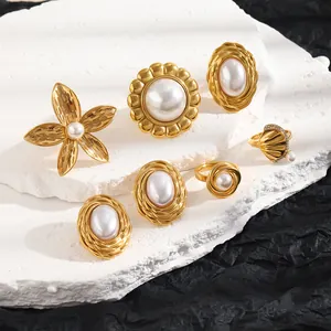 Elegant 18K gold-plated stainless steel jewelry collection with pearl earrings and rings