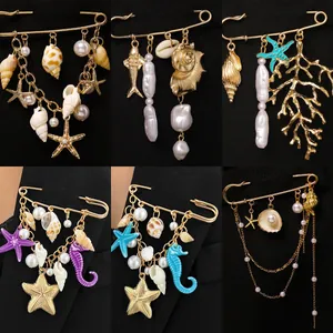 Broche Étoile de Mer Conque Coquillage de Style Vacances à la Plage Européenne et Américaine Pendentif en Perle Artificielle Bijou Multifonction pour Femme