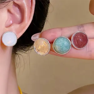 Pendientes de Botón Redondos de Ágata de Diseño de Nicho Con Poste de Plata de Ley 925 Lujo Ligero Diamantes de Imitación Pendientes para Mujer Joyería