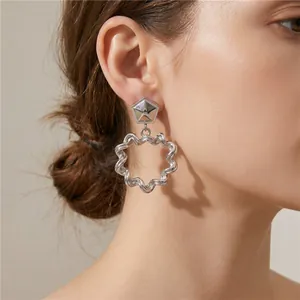 Geometric Wavy Texture Heart Drop Earrings Stainless Steel Retro Hollow Design Fashion Jewelry For Women