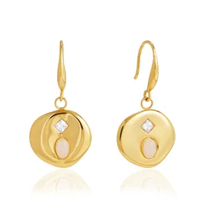 Elegant gold plated stainless steel hook earrings with white natural stone and zircon.