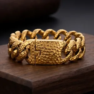 20mm breites, gehämmertes Edelstahl-Cuban-Gliederkettenarmband für Herren in Gold