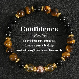 Natural Tiger's Eye and Black Obsidian wealth bracelet with elegant golden spacers beads