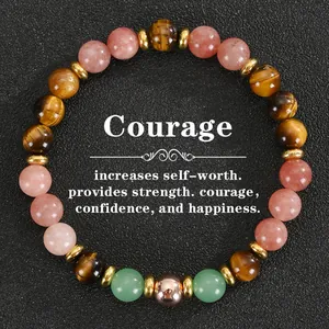 Handmade natural stone stretch bracelet with tiger's eye, green quartz, and pink beads