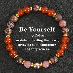 Handmade natural stone stretch bracelet featuring carnelian and rhodonite beads