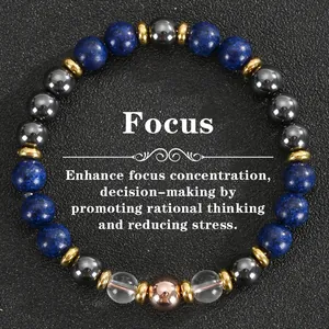 Natural Lapis Lazuli and Hematite crystal elastic bracelet for focus and stress relief