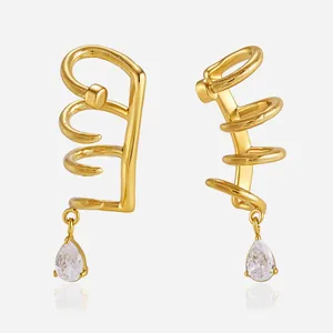 Stainless Steel Spiral Multi Layer Nail Ear Clips Non Pierced Gold Plated Pear Cut White Zirconia Dangle Ear Cuff For Women