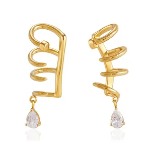 Elegant gold-plated stainless steel multi-layer nail ear cuffs with pear drop zirconia