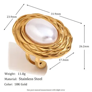 Elegant 18K gold plated stainless steel flower ring featuring a large oval pearl detail