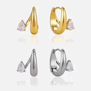 Boucles d'Oreilles Créoles en Acier Inoxydable avec Zirconia en Goutte pour Femmes Mode Imperméable Hypoallergénique Luxe Léger Bijoux Géométriques