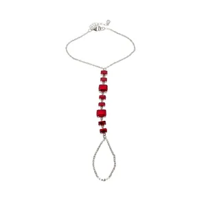 Bracelet bague élégant en argent avec pierres de zircon rouges carrées pour femmes
